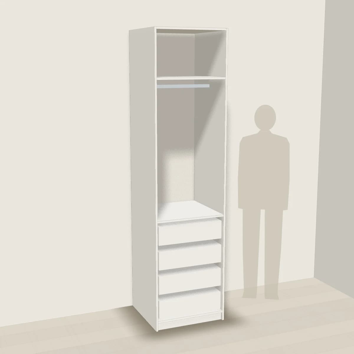 Moduł garderoby 60 cm: drążek i 4 szuflady — wizualizacja 3D