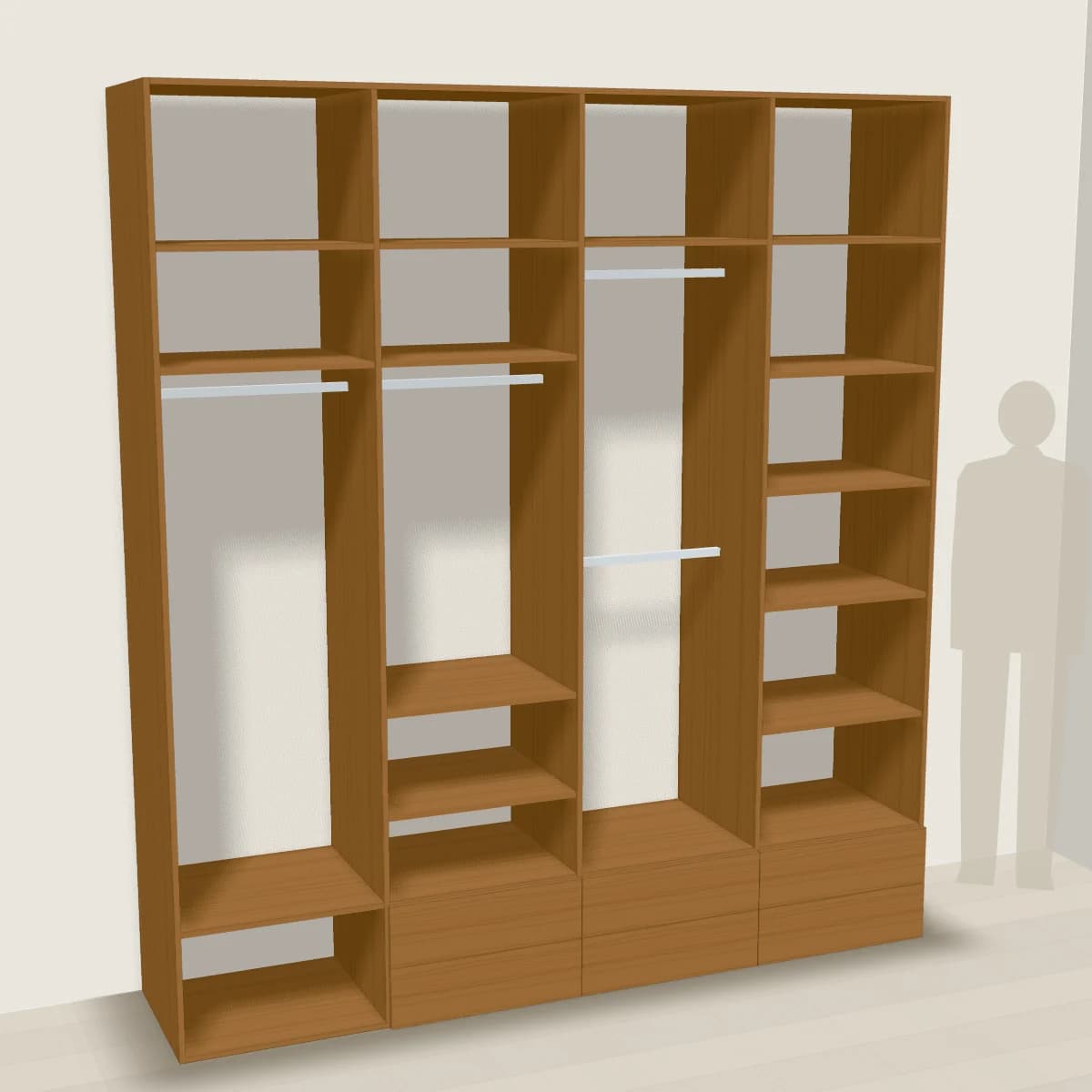 Otwarta zabudowa wnęki z szufladami — wizualizacja 3D