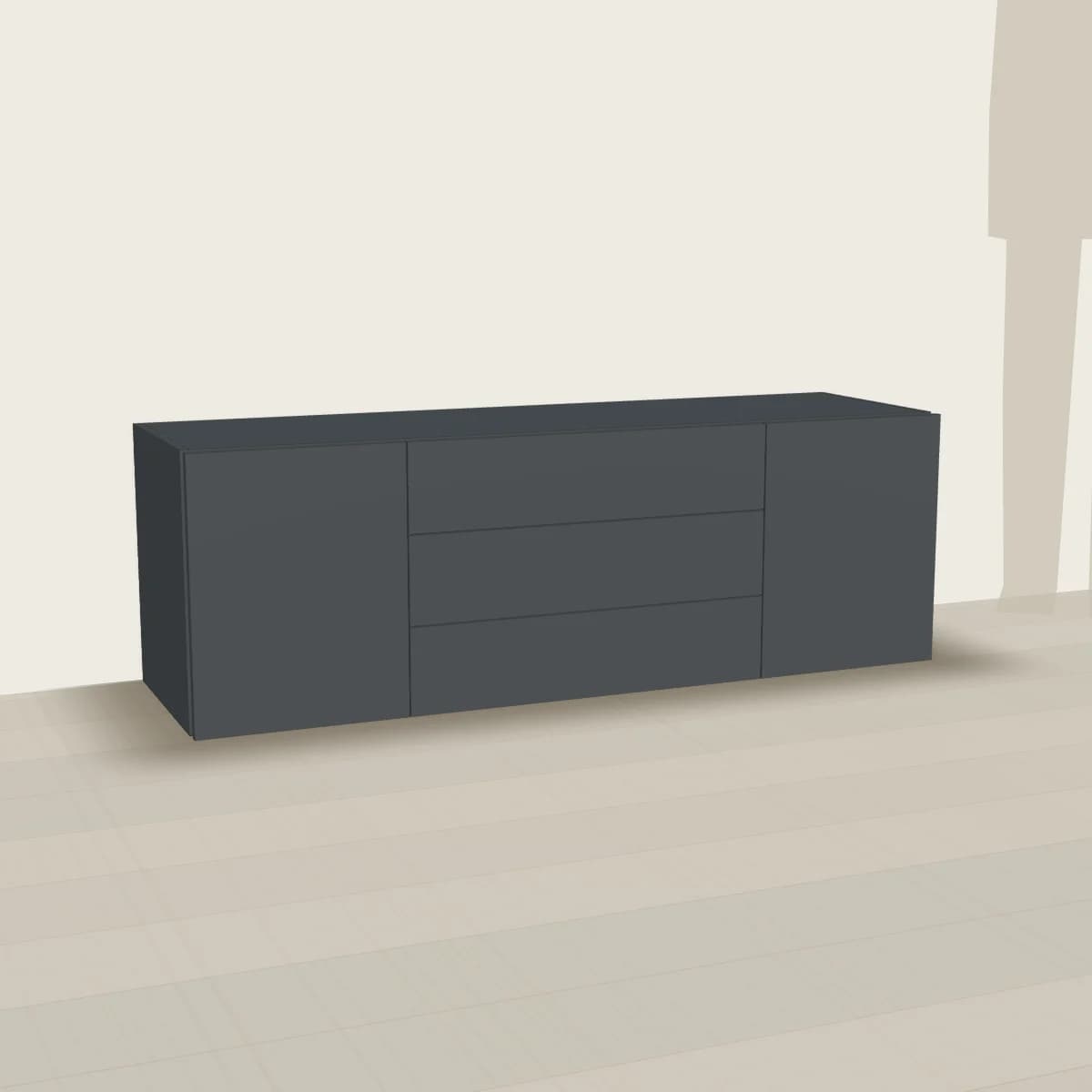 Szafka RTV 150 cm grafitowa, z szufladami — wizualizacja 3D