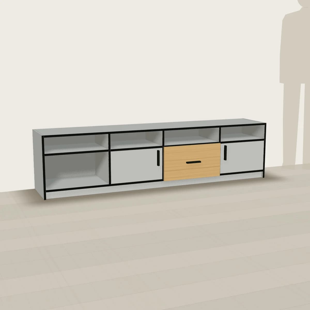 Szafka RTV 200 cm szara, z szufladą — wizualizacja 3D