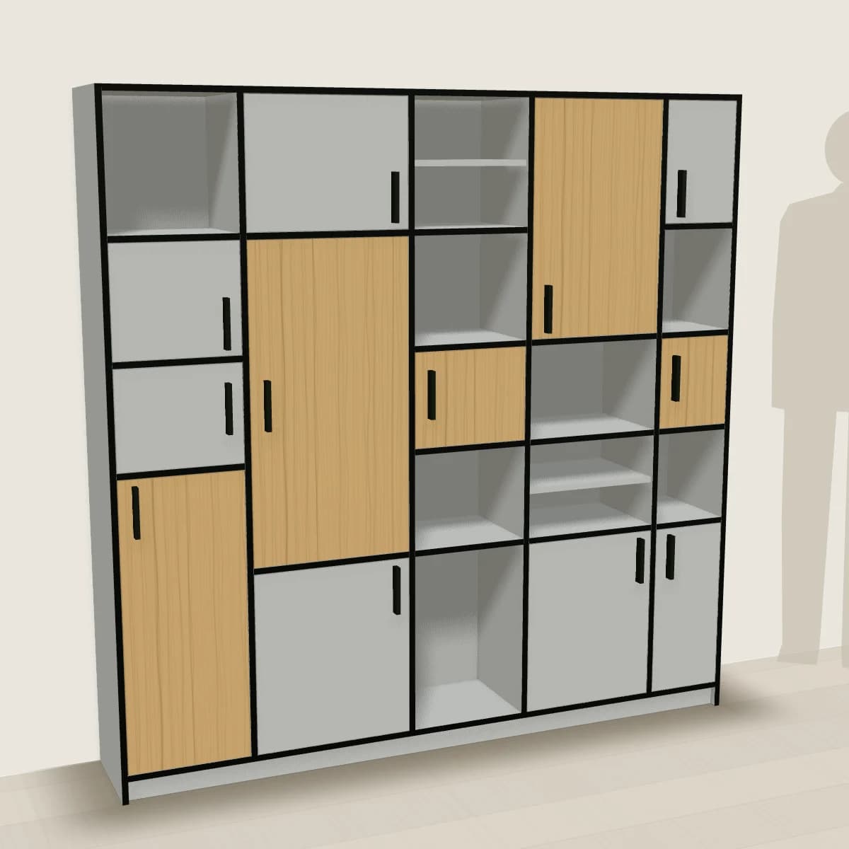 Szary regał 5×5 z kontrastowymi drzwiczkami — wizualizacja 3D
