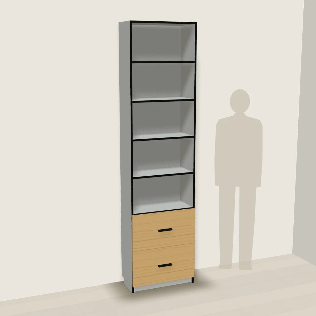 Szary regał 60 cm z dwiema szufladami — wizualizacja 3D