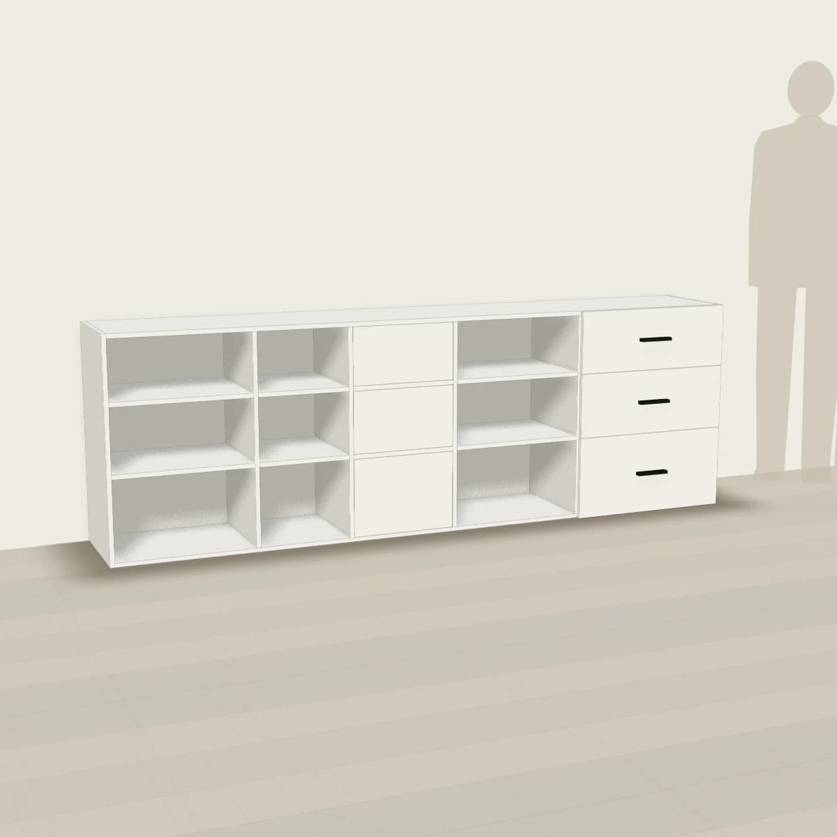 Wysoka szafka RTV 242 cm, biała — wizualizacja 3D