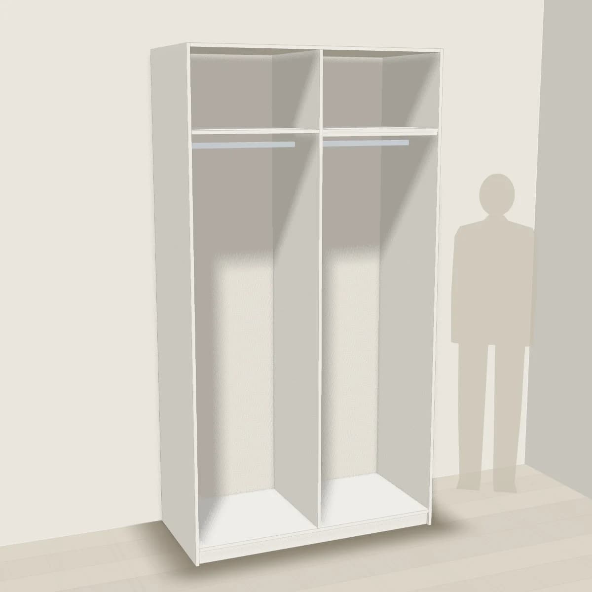 Zestaw garderoby 125 cm: dwa drążki i półki — wizualizacja 3D